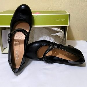 Black strapped block heels